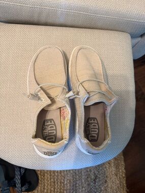 Hey Dude Light Beige Canvas Slip-On Moccasins
